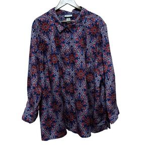 Catherines Blouse Womens 4X Blue Geometic Roll Tab Sleeve Button Relaxed Cotton